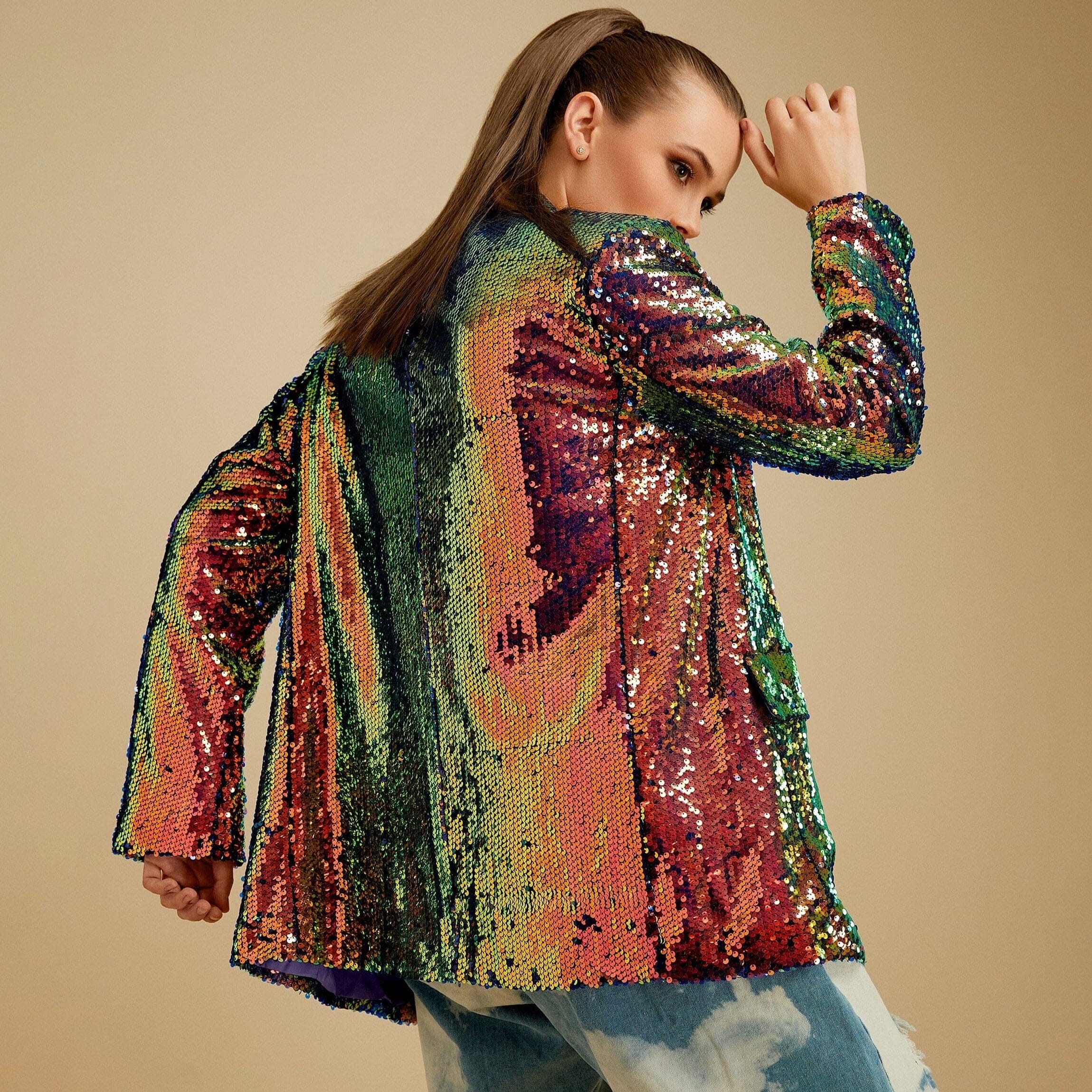 sequin blazer with dress Final Sale Plus Size Sequin Blazer Dress with Rhinestone Buttons in Mermaid Green