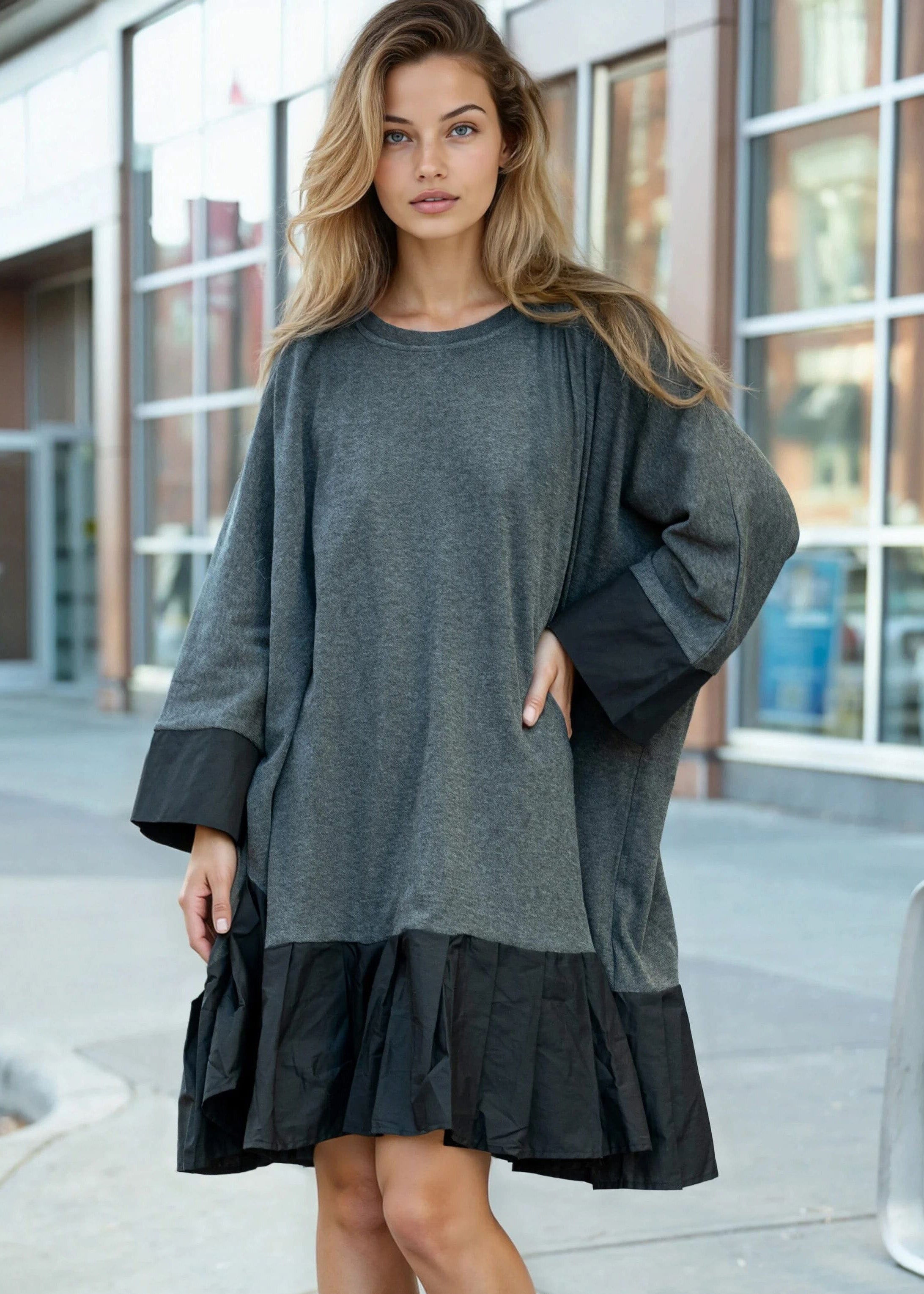 Babydoll Hem Long Sleeve Dress - Kate Hewko Black / One Size Babydoll Hem Long Sleeve Dress - Kate Hewko Black / One Size