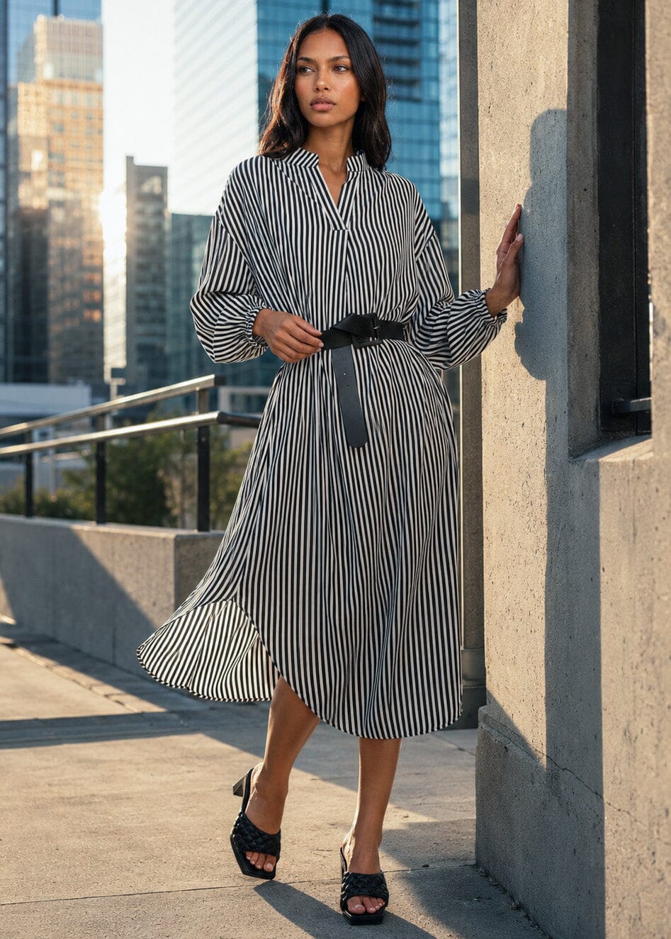 Belted Balloon Sleeve Shirt Dress
