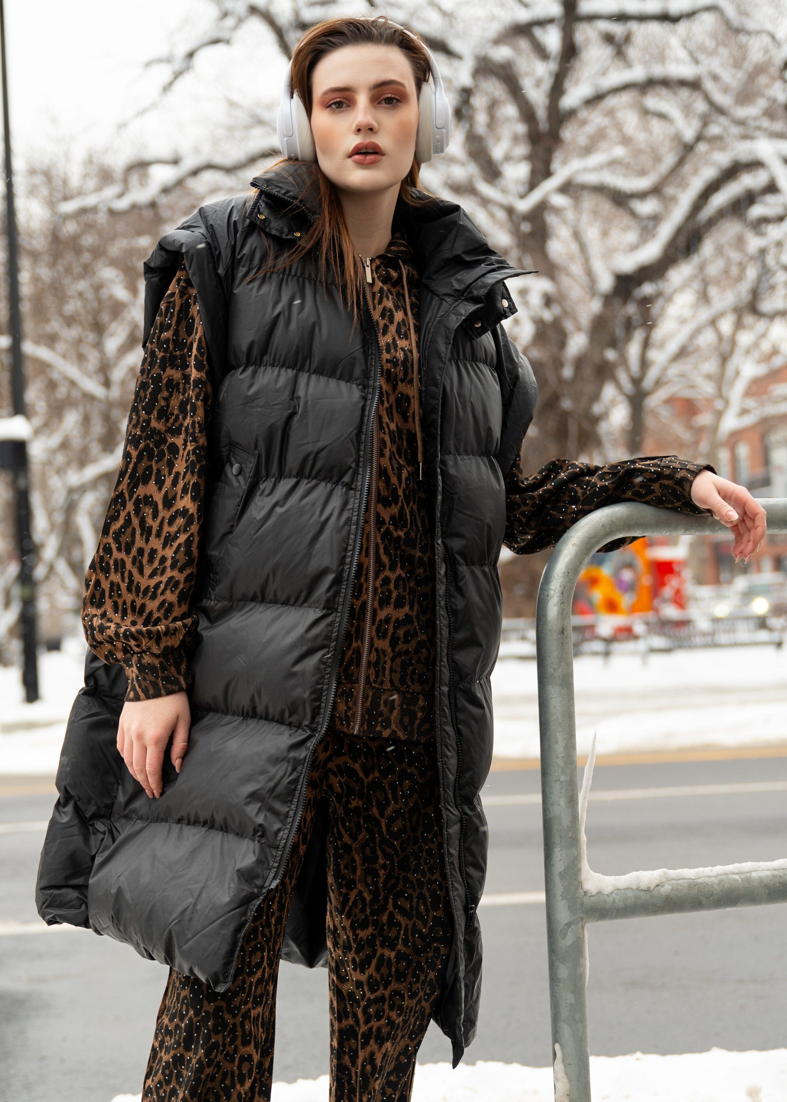 Street Style Puffer Vest Plaid Draw Waist Ruffle Puffer Vest -Red