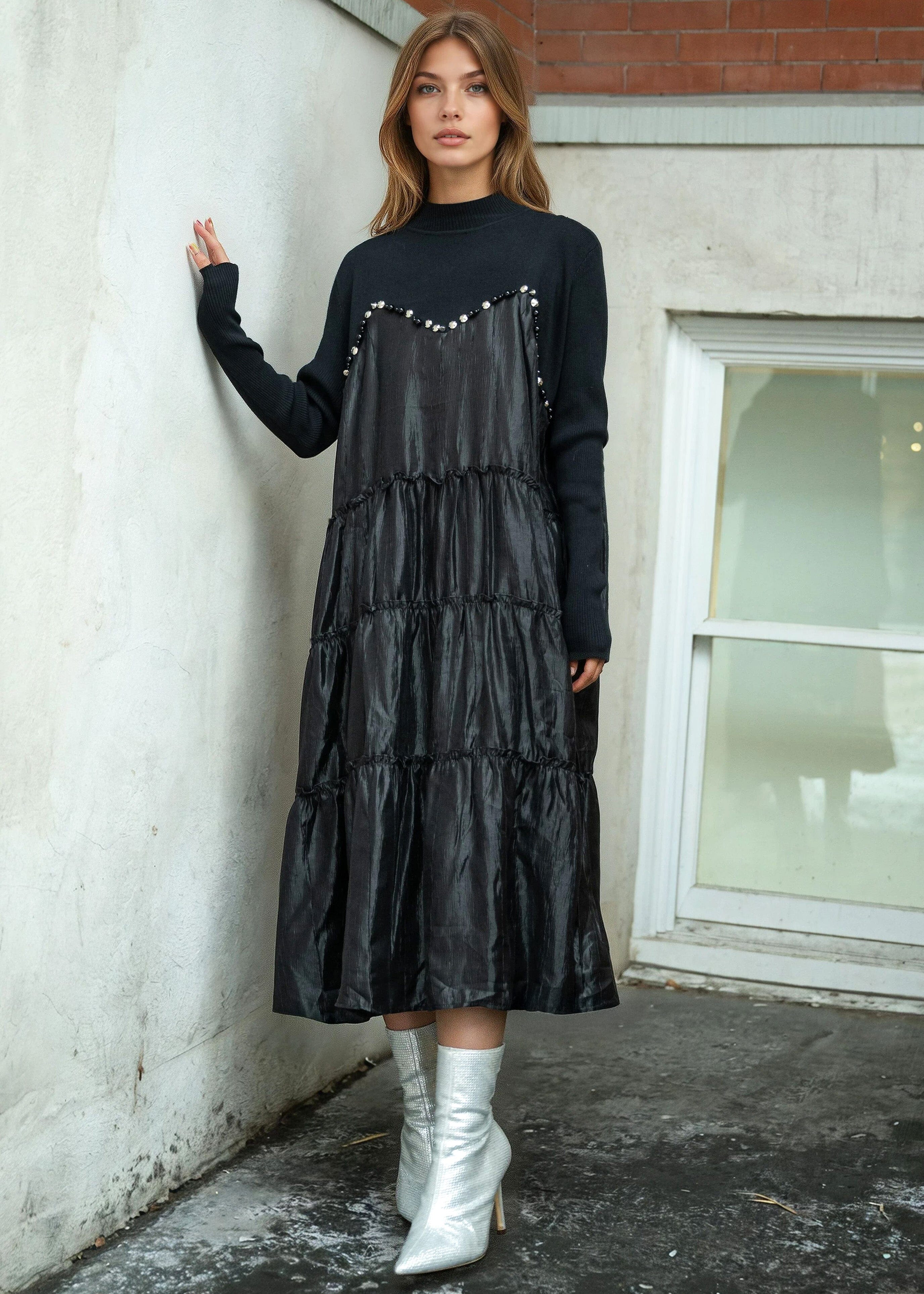 Embellished Contrast Tiered Dress - Kate Hewko Embellished Contrast Tiered Dress - Kate Hewko