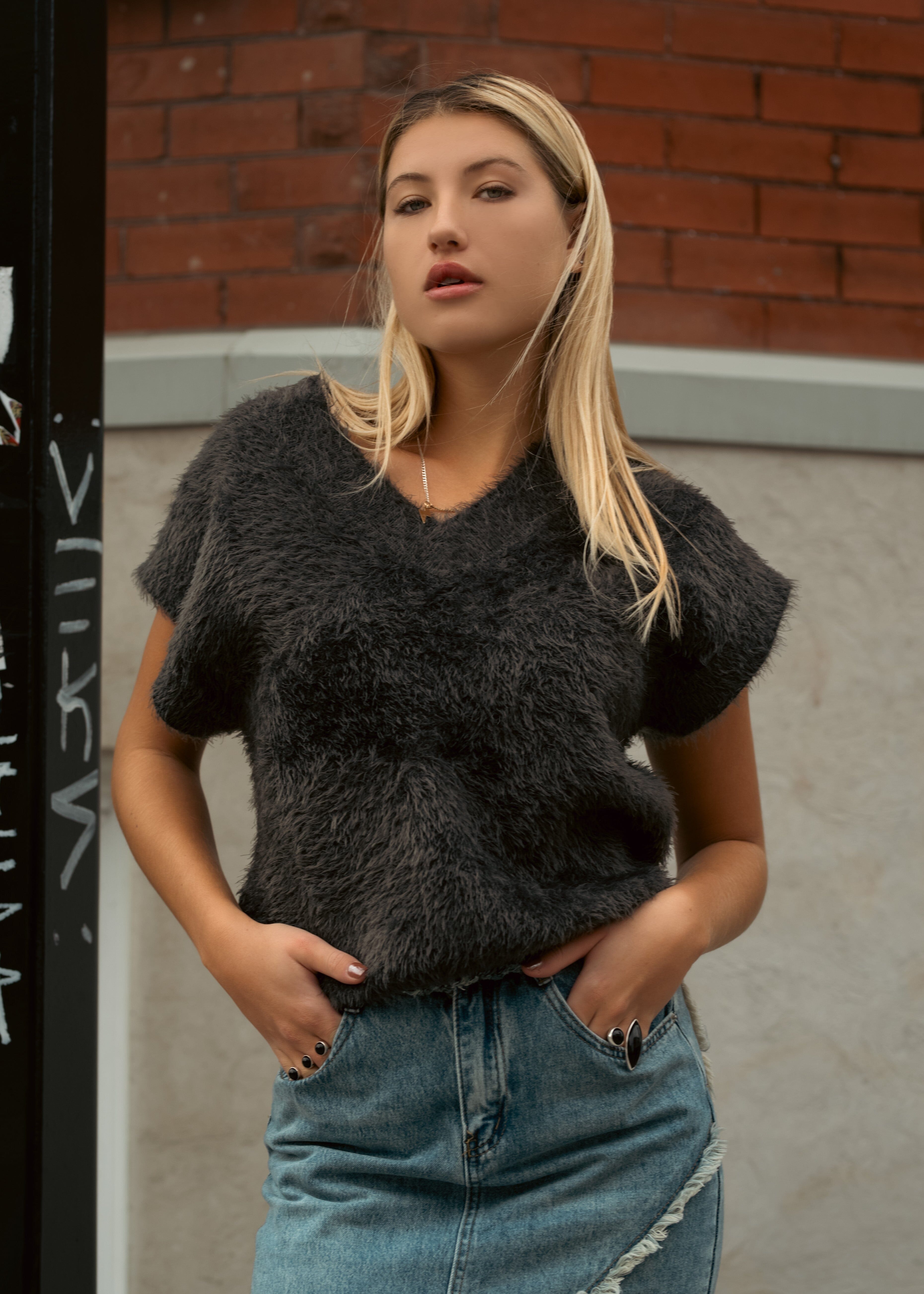 Faux Fur Sweater Vest Vests Kate Hewko Grey One Size 