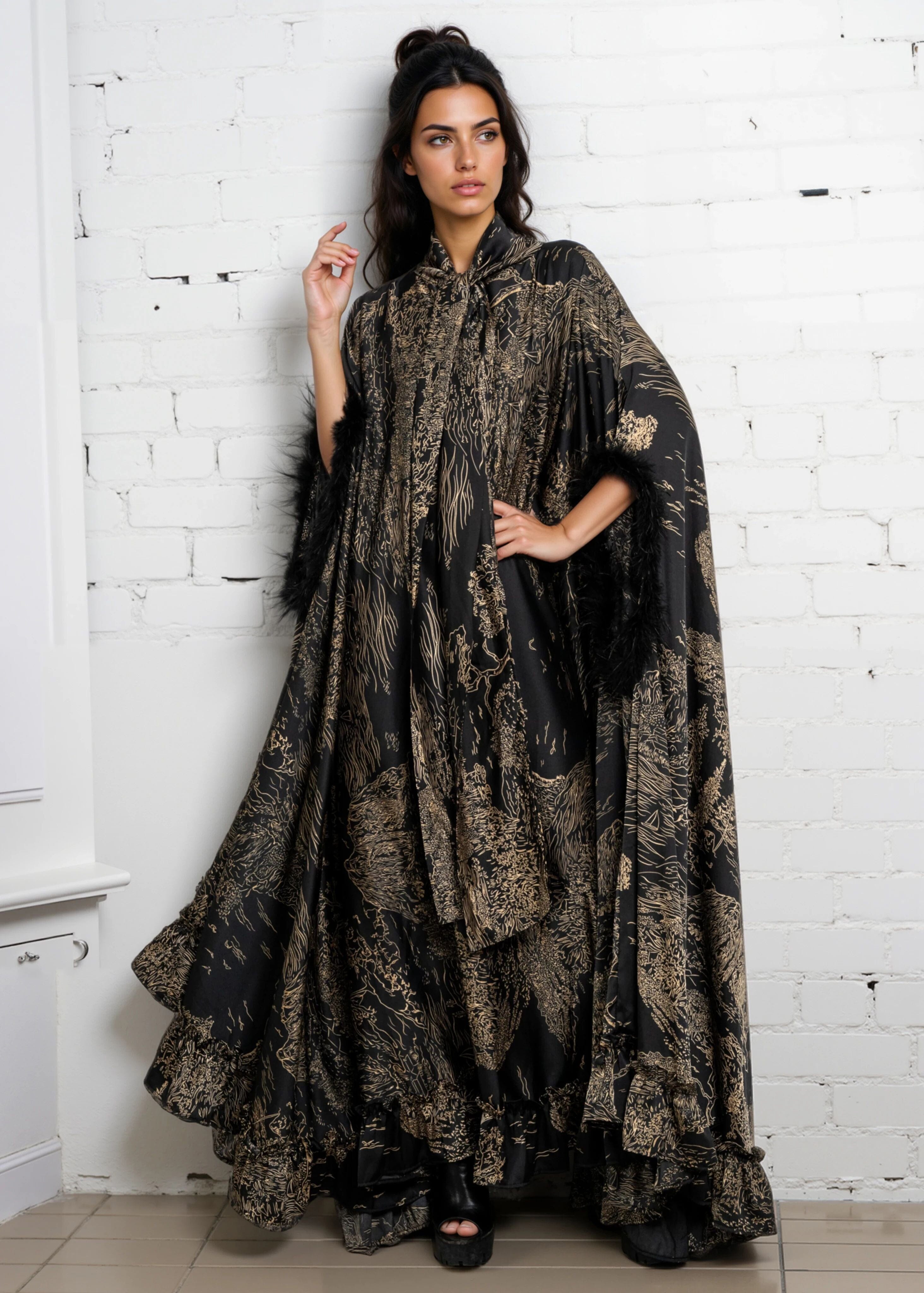 cape maxi dress Feather Cuff Cape Maxi Dress