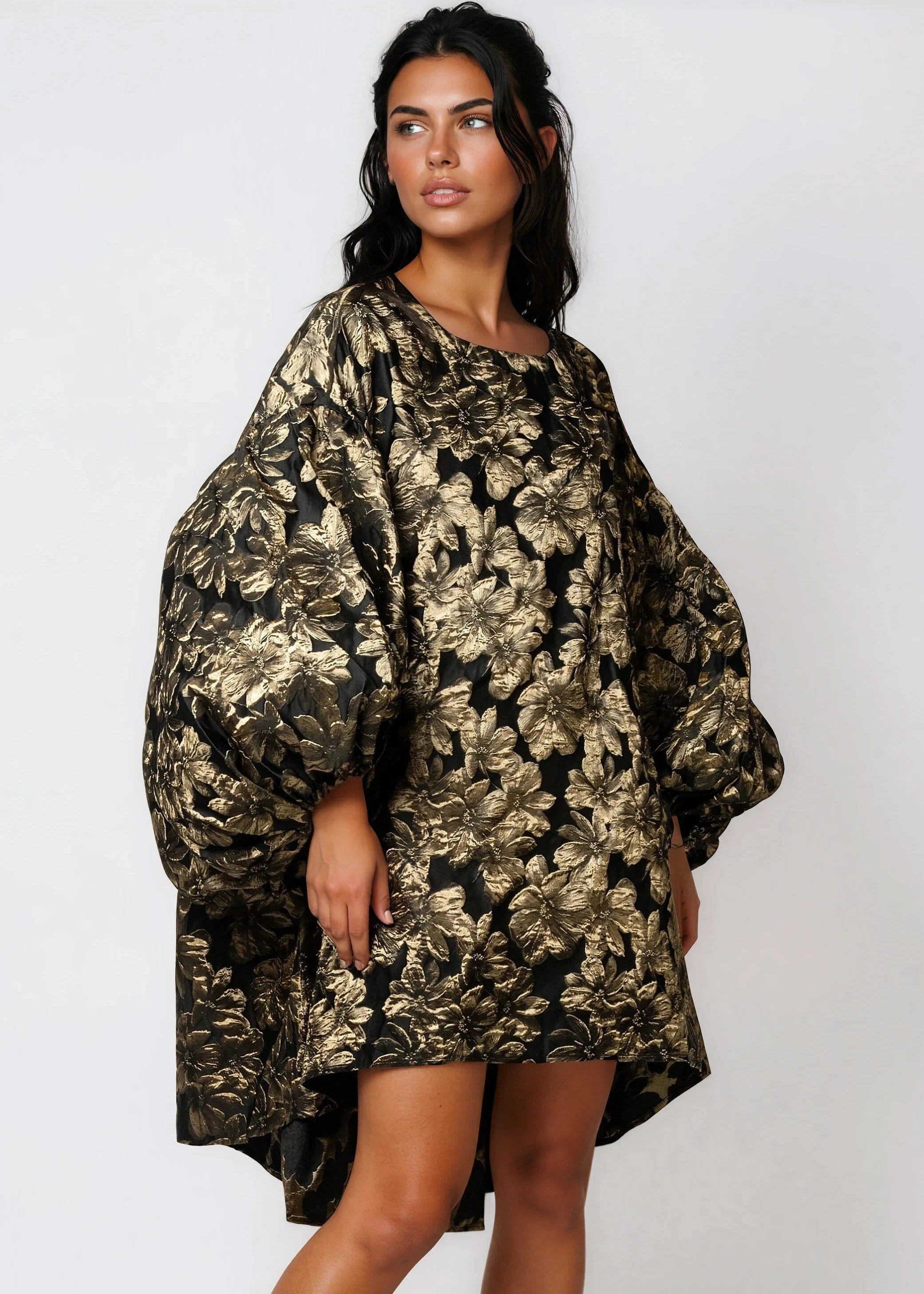 Gold Floral Balloon Sleeve Dress - Kate Hewko Gold Floral Balloon Sleeve Dress - Kate Hewko
