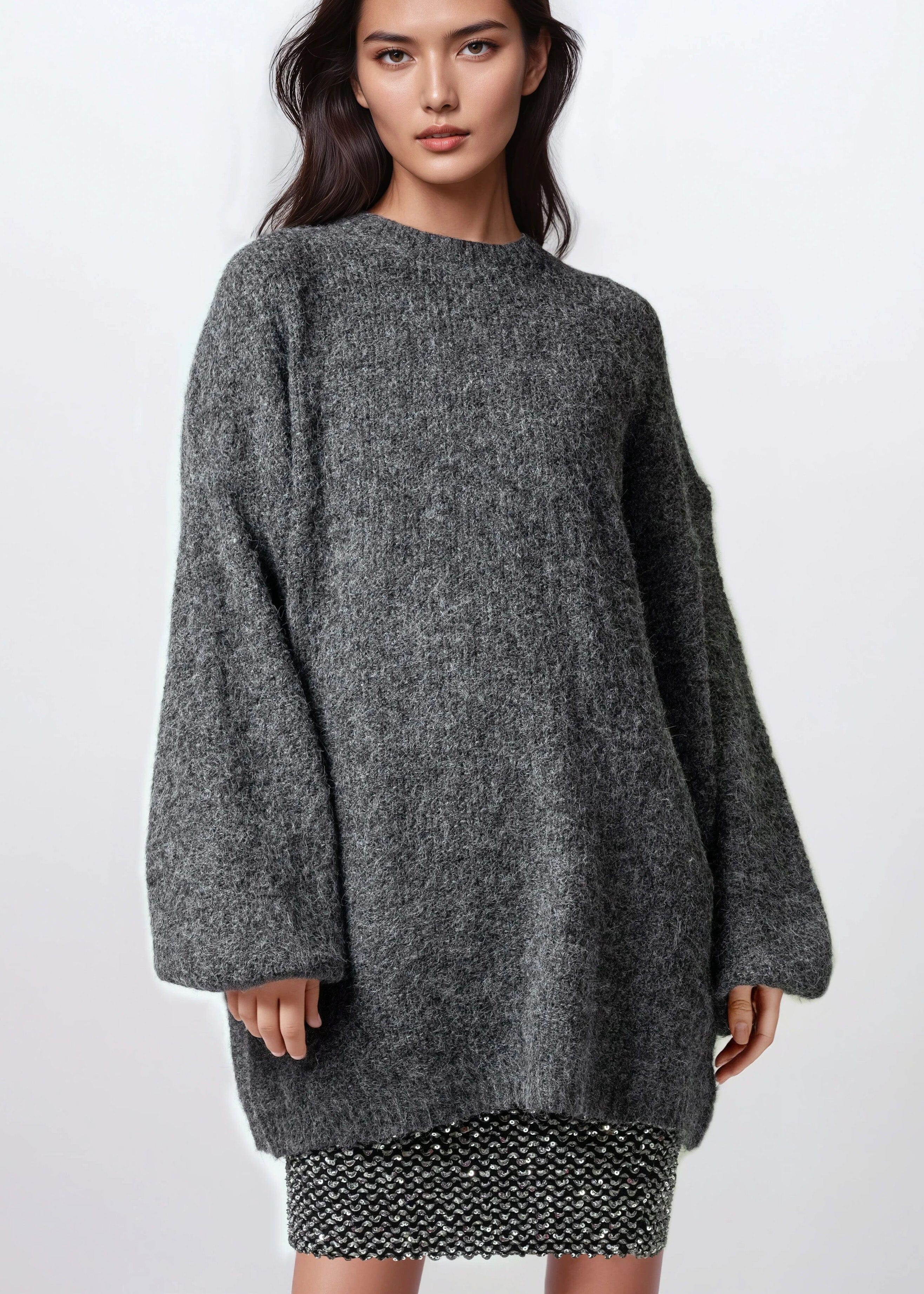 Heathered Knit Balloon Sleeve Sweater - Kate Hewko Gray / One size Heathered Knit Balloon Sleeve Sweater - Kate Hewko Gray / One size