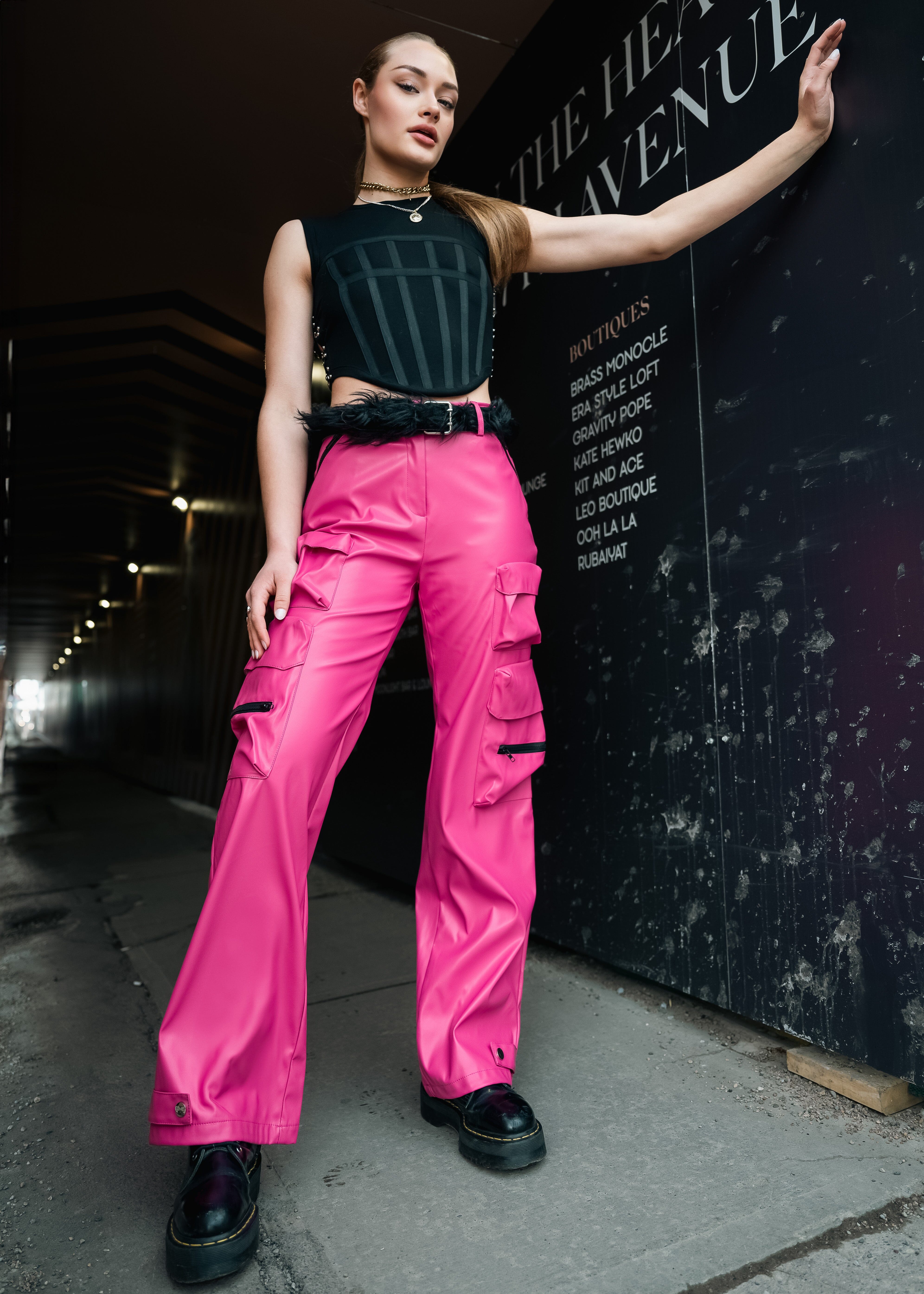 Hot Pink Vegan Leather Cargo Pant - Kate Hewko