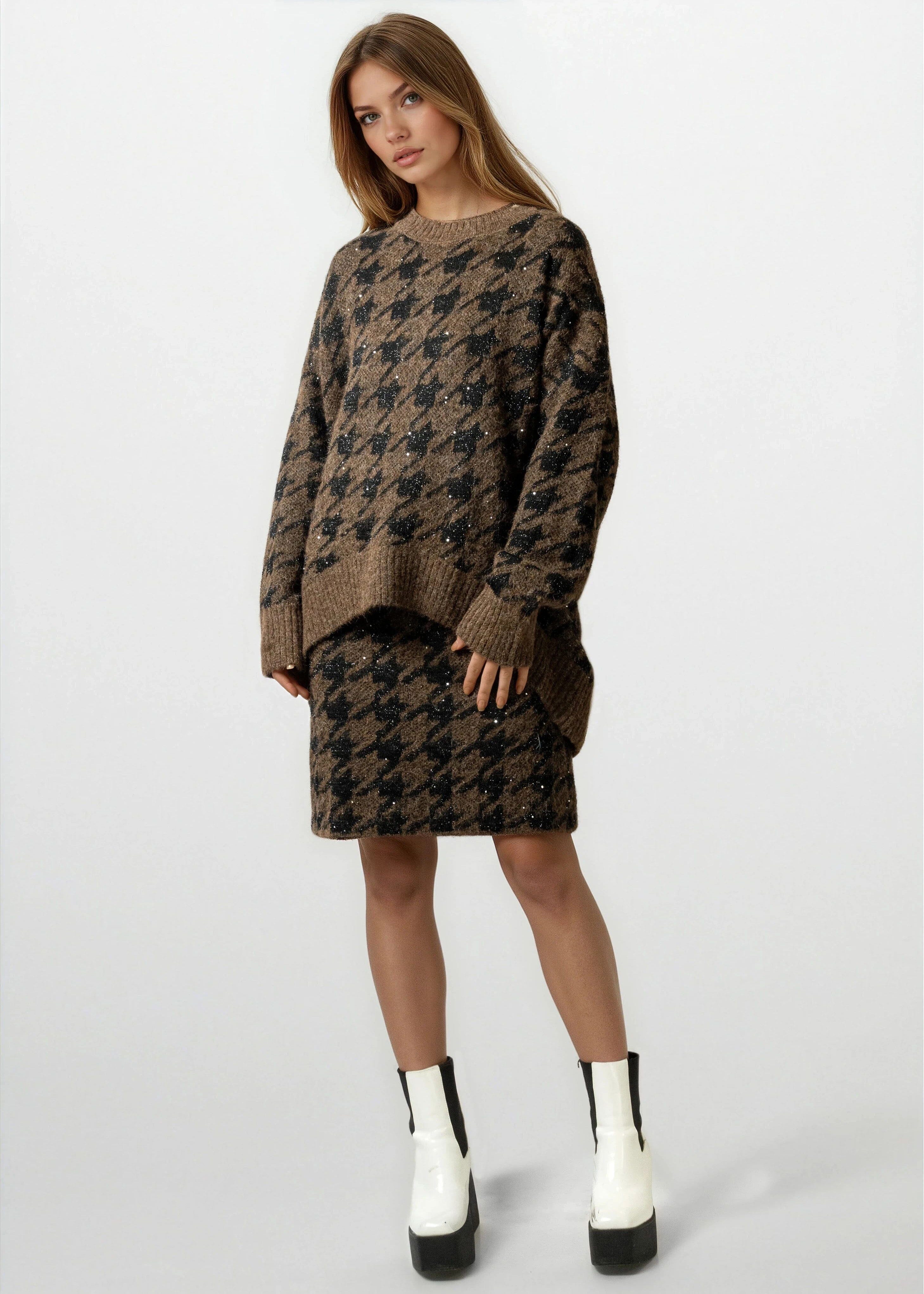 Houndstooth Knitted Skirt Set - Kate Hewko Brown / One size Houndstooth Knitted Skirt Set - Kate Hewko Brown / One size