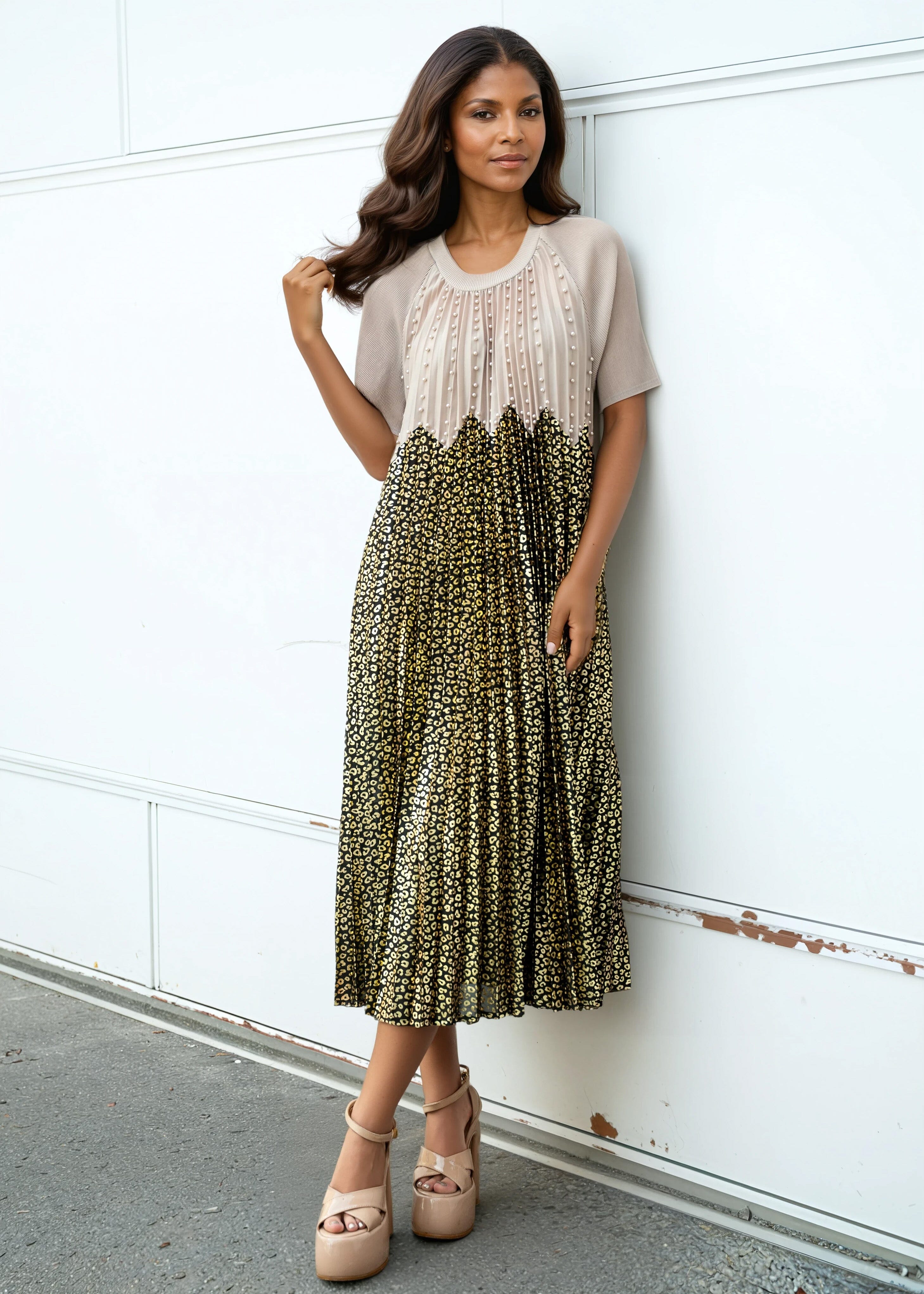 Leopard Contrast Pleated Dress - Kate Hewko Leopard Contrast Pleated Dress - Kate Hewko