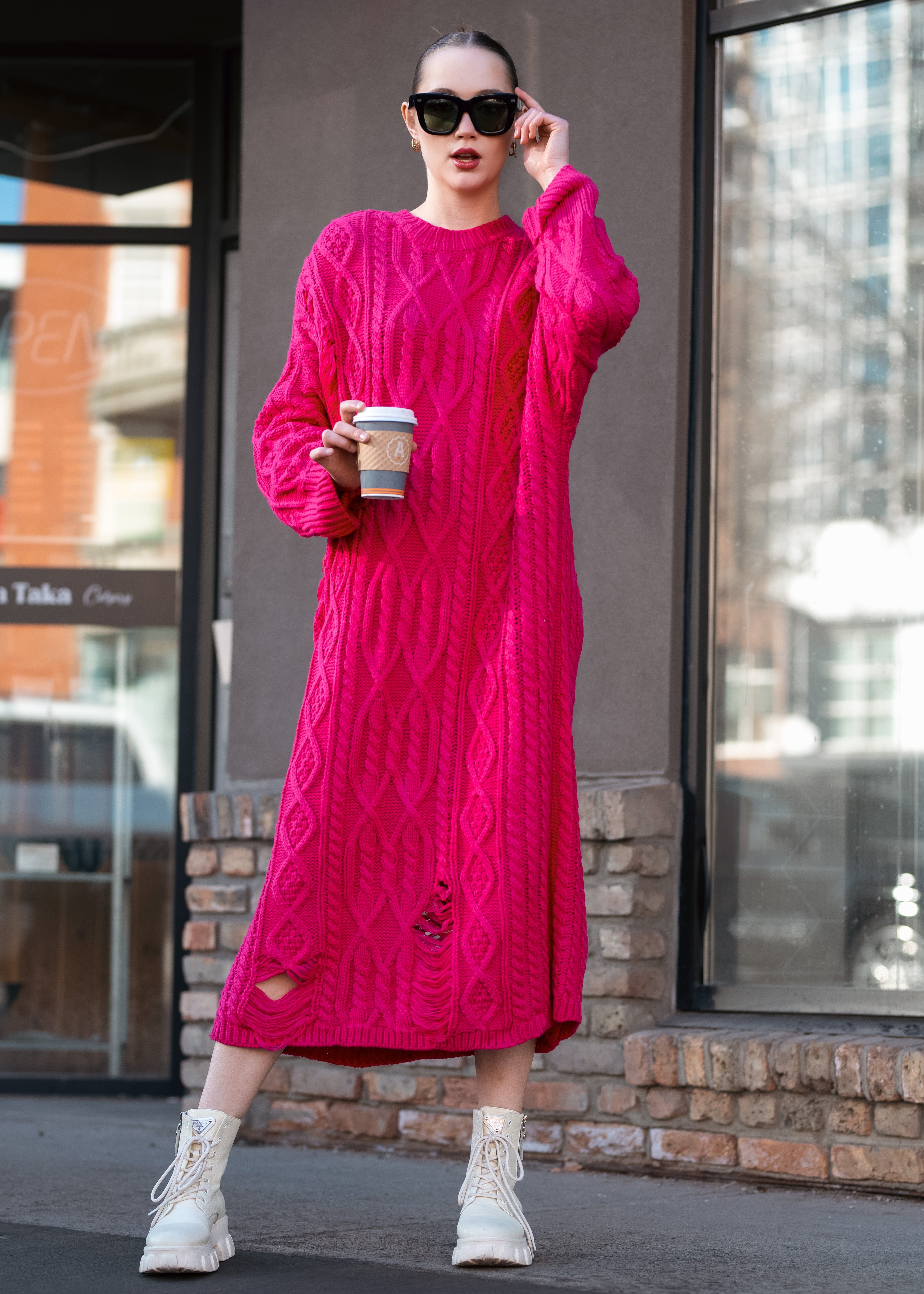 Long Distressed Cable Knit Dress - Kate Hewko