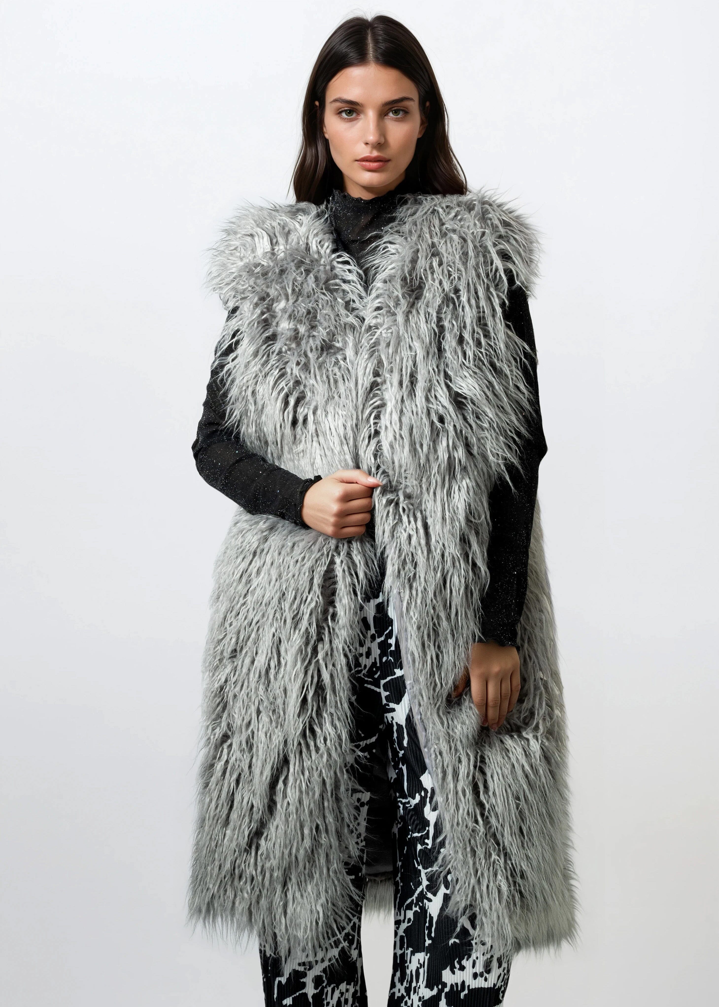 maxi dress with fur vest JENNY LIN FAUX FUR MAXI VEST IN BLACK