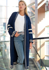 Long Varsity Knit Cardigan Cardigans Kate Hewko Navy One Size 