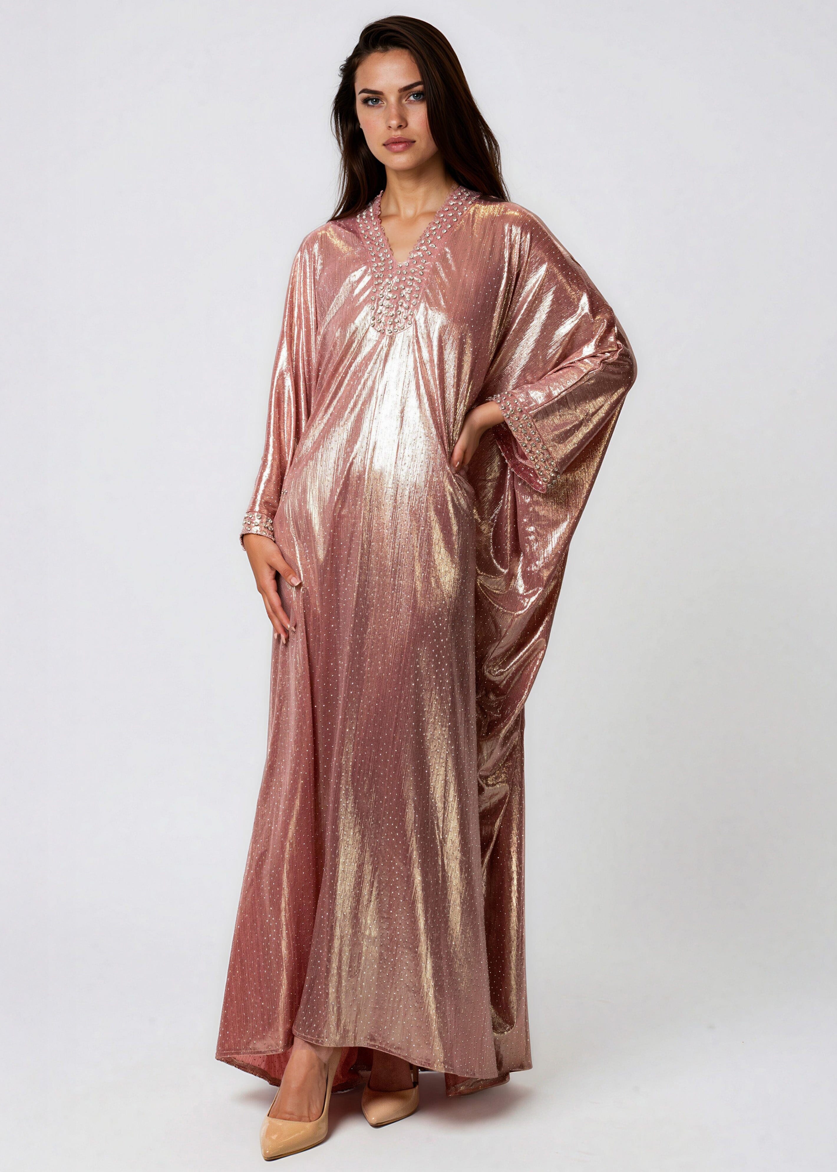 pink kaftan dress Metallic Embellished Kaftan