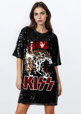 Black sequin KISS graphic oversized tee dress – front view on model.