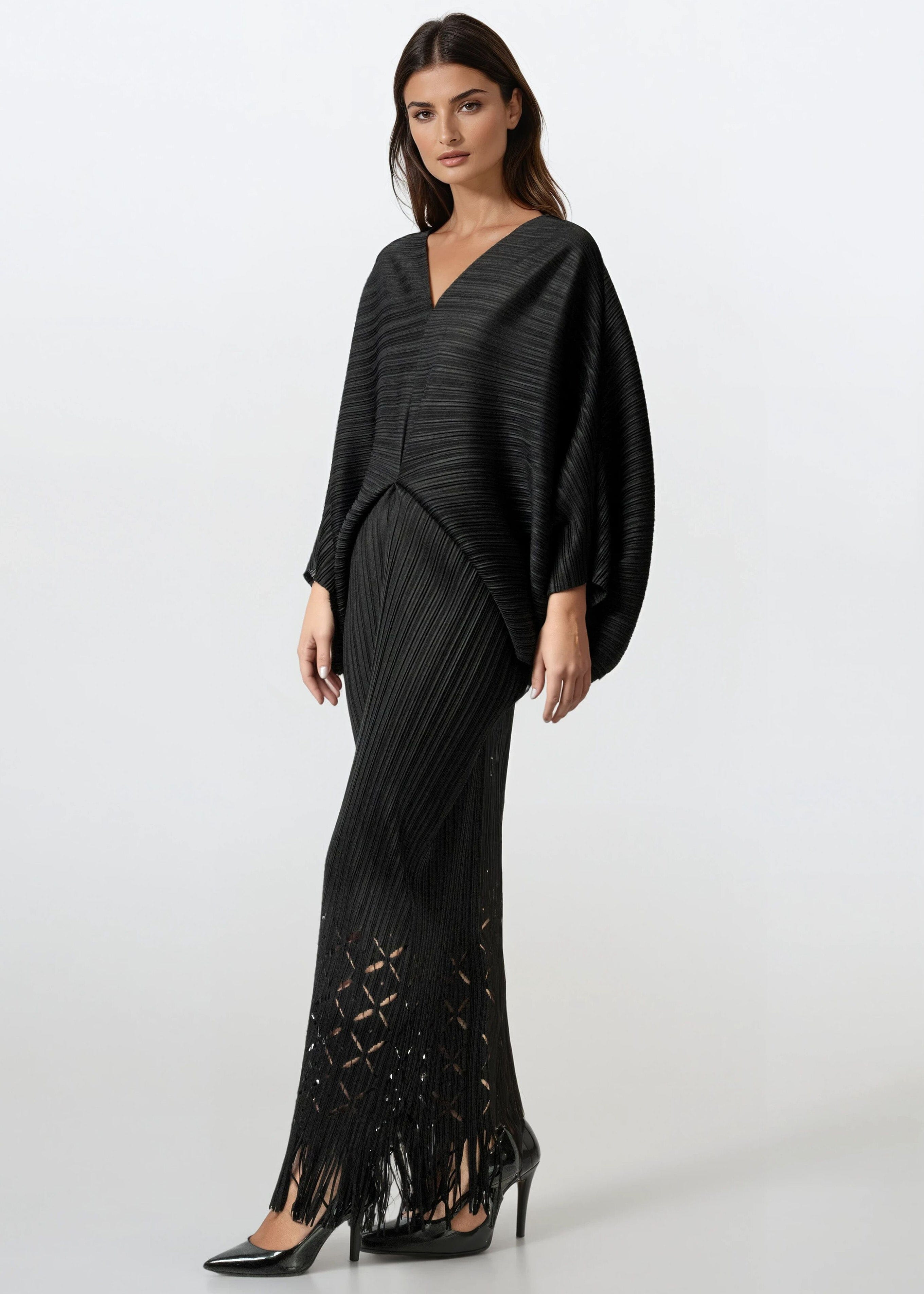 Tassel Hem Batwing Glam Dress - Kate Hewko Black / One size Tassel Hem Batwing Glam Dress - Kate Hewko Black / One size