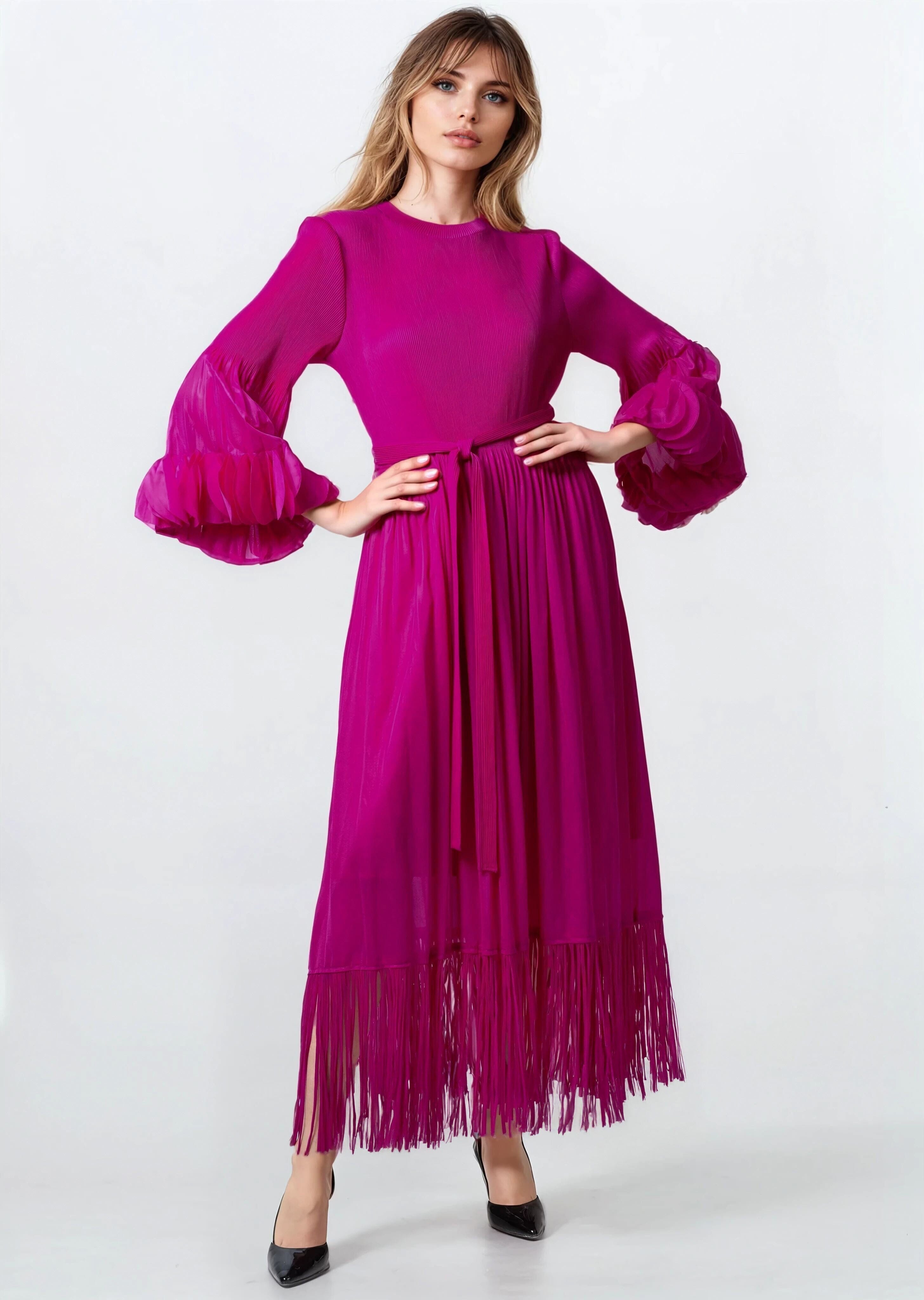 pleated bell sleeve dress Pleated Long A-Line Formal Dress with Bell Sleeves Blossom Pink / 10