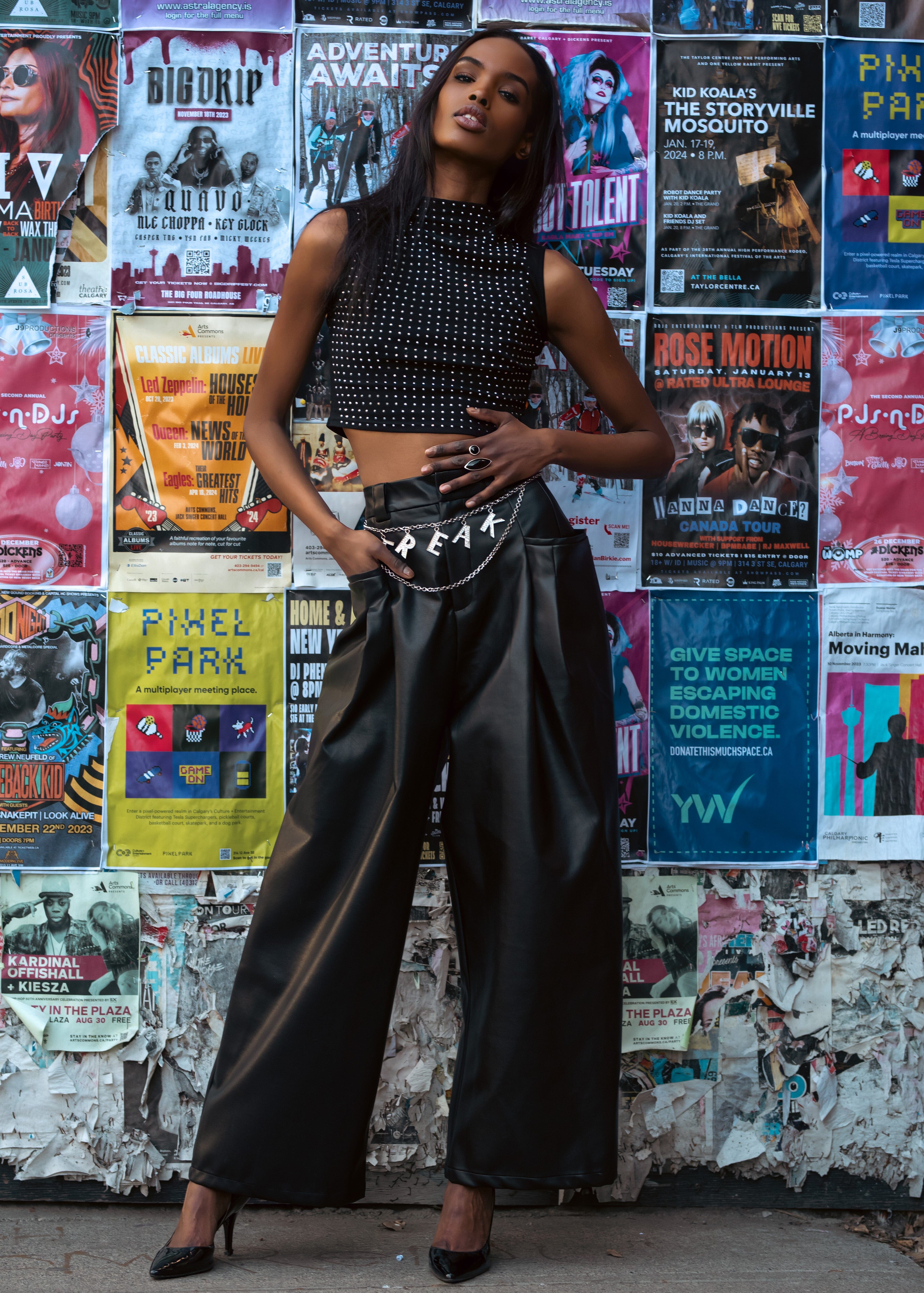 Black Leather Wide Leg Vegan Leather Pants Charlie Faux Leather