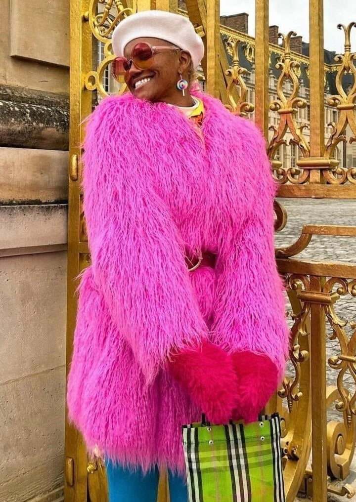 Hot Pink Faux Fur Coat Women's Faux Fur Bubble Coat Bright Pink โ