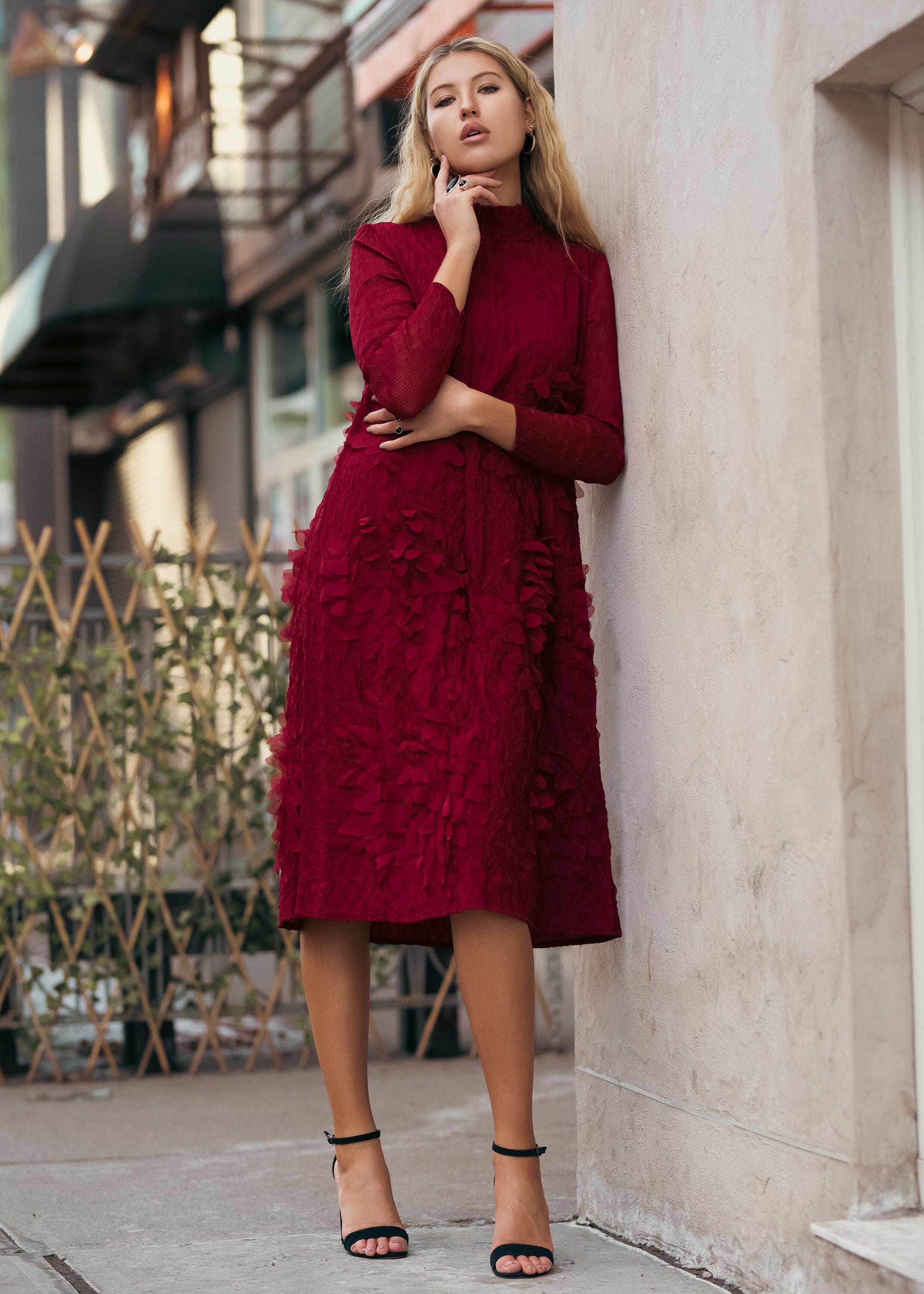 Mock Neck Textured Petal Dress - Kate Hewko Wine / One size Mock Neck Textured Petal Dress - Kate Hewko Wine / One size