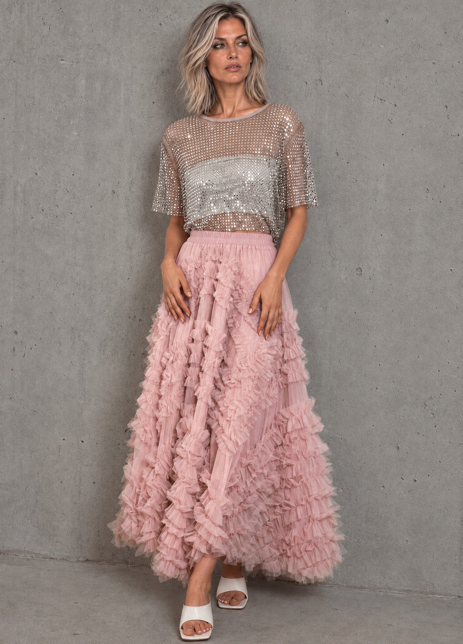 Layered Ruffle Tulle Maxi Skirt