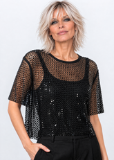 Rhinestone Fishnet Cropped Tee