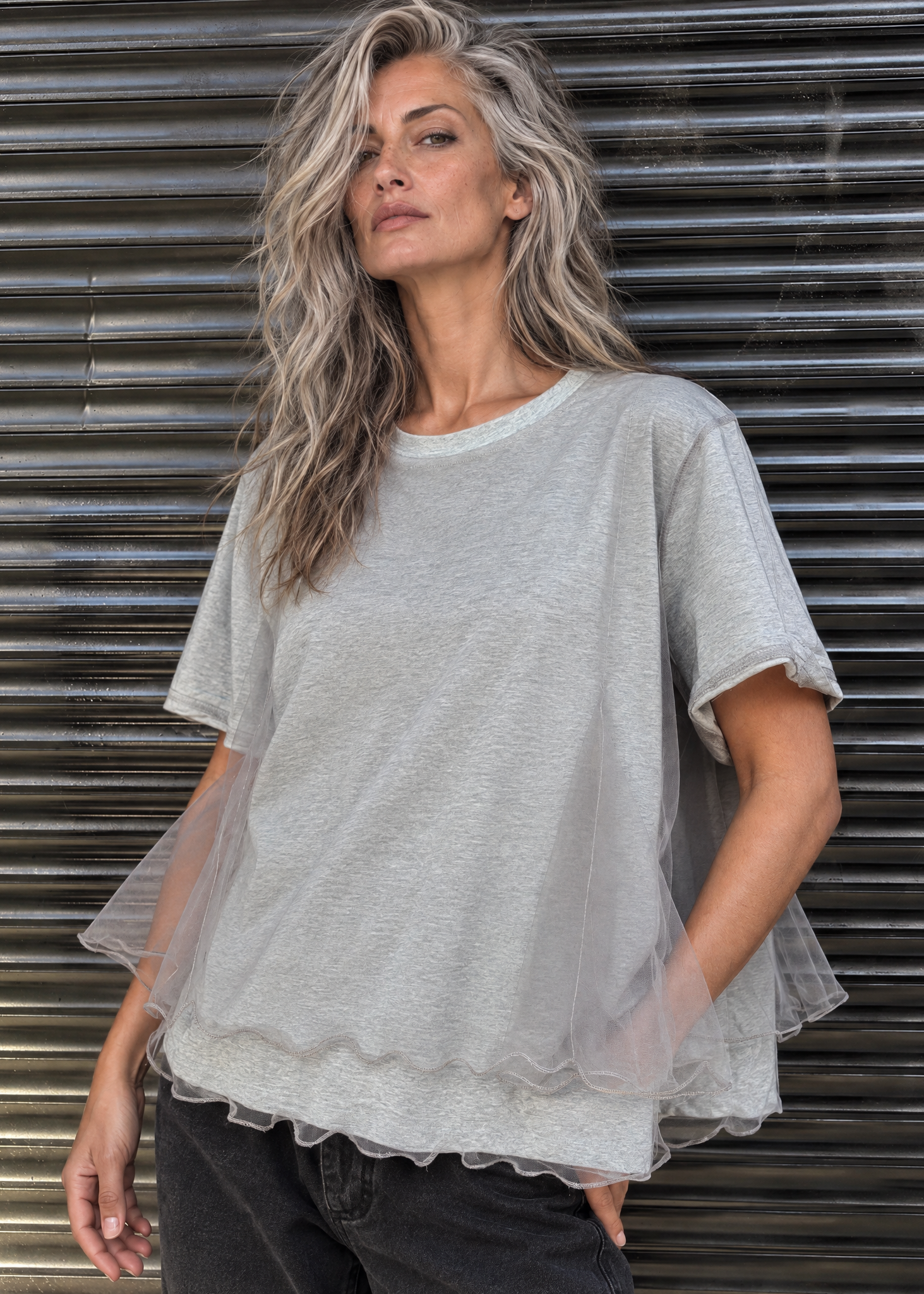 Ruffle Trim Tulle Overlay Tee