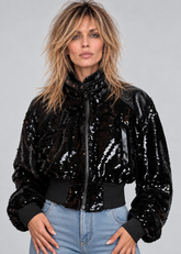Sequin Patent Cropped Bomber Jacket