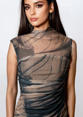 pink abstract print halterneck mesh layered bodycon dress Pink Abstract Print Dress - Mock Neck Halter Dress - Mesh Midi