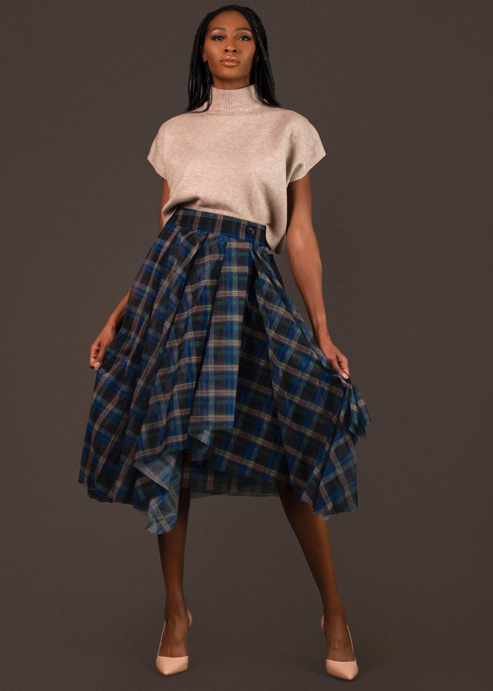 Plaid Asymmetric Tulle Pull-On Skirt