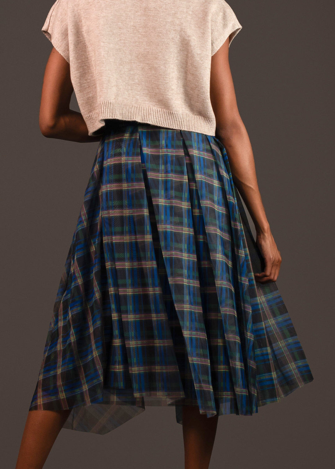 Boho Green Plaid tulle asymmetrical design Skirt Summer