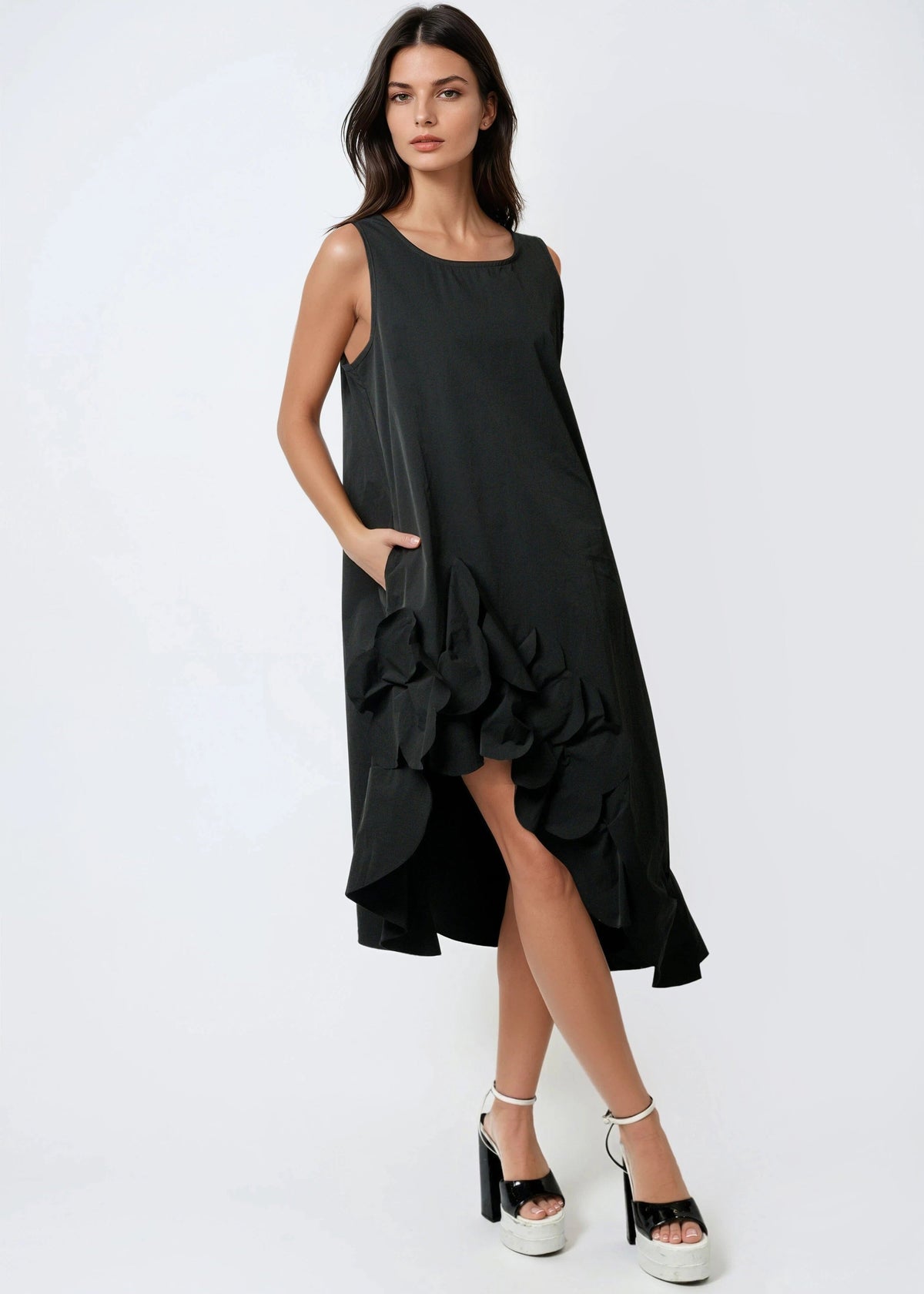 dresses with asymmetrical hemline Ruffle Hem Tank Dress Wedding guest dress Cup size:A Occasion:Sorority Cea Black backless halter-neck and Black