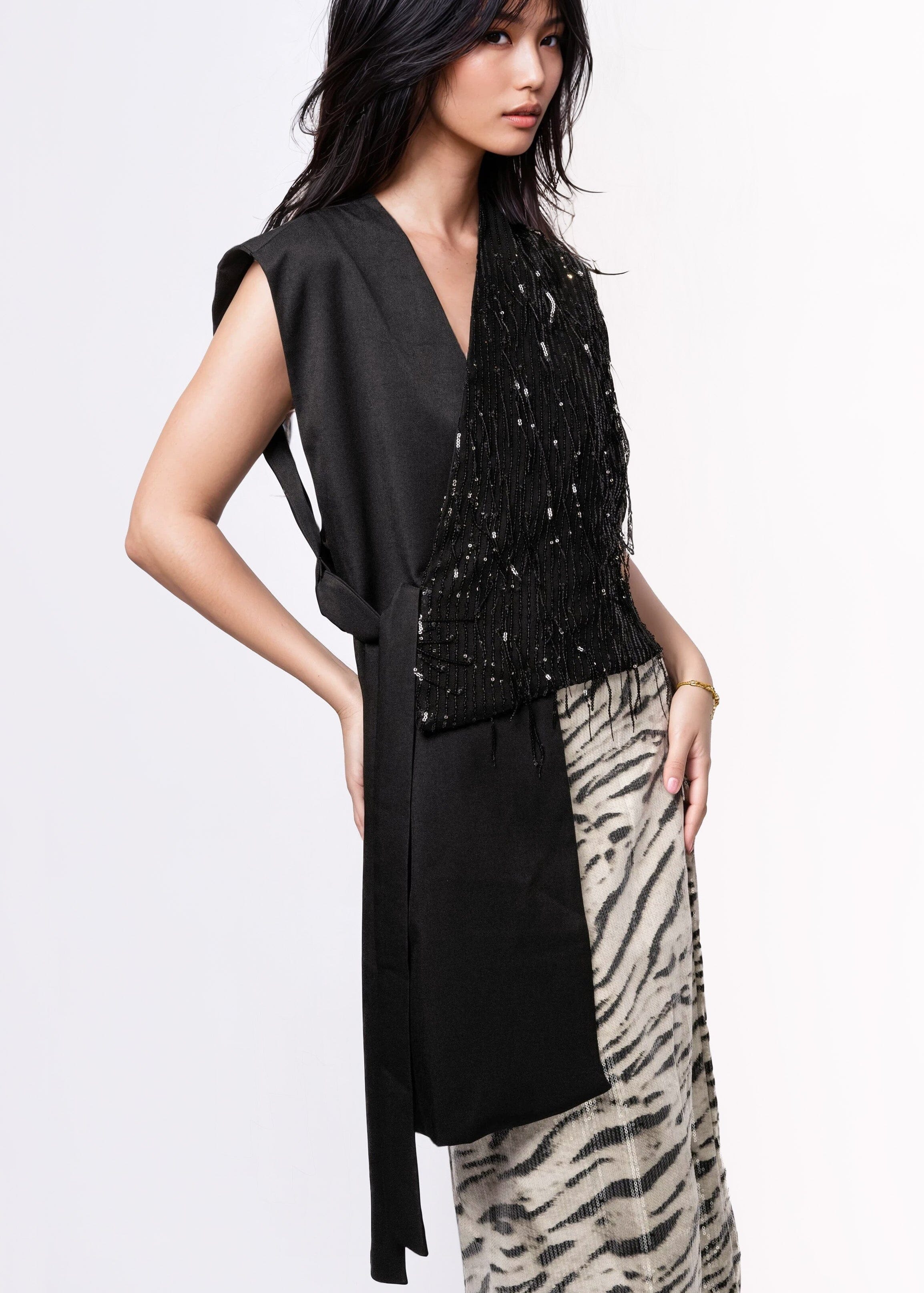 Asymmetrical Sequin Fringe Wrap Vest Vests Kate Hewko 