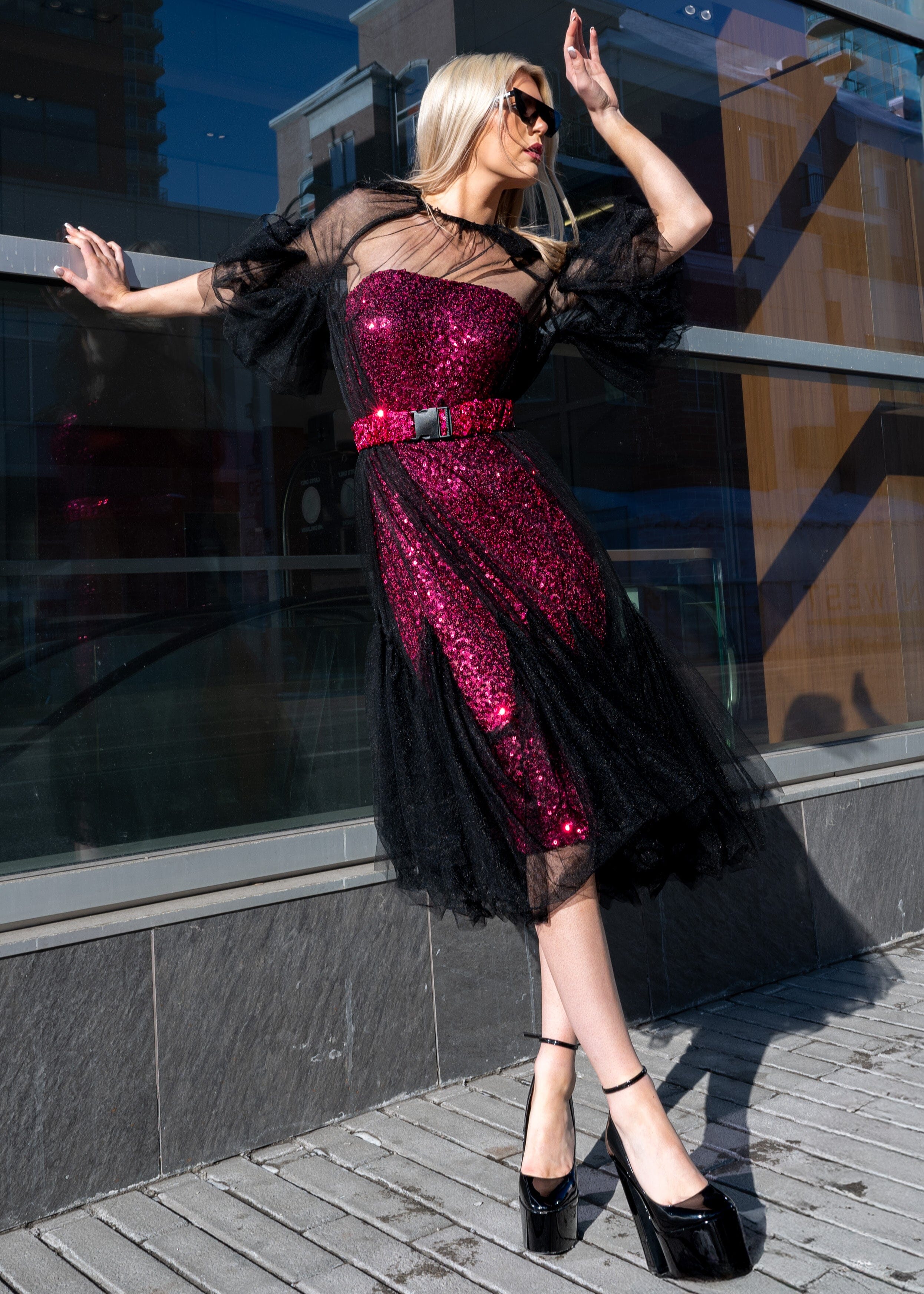 red dress with black overlay Avant Garde Tulle Overlay