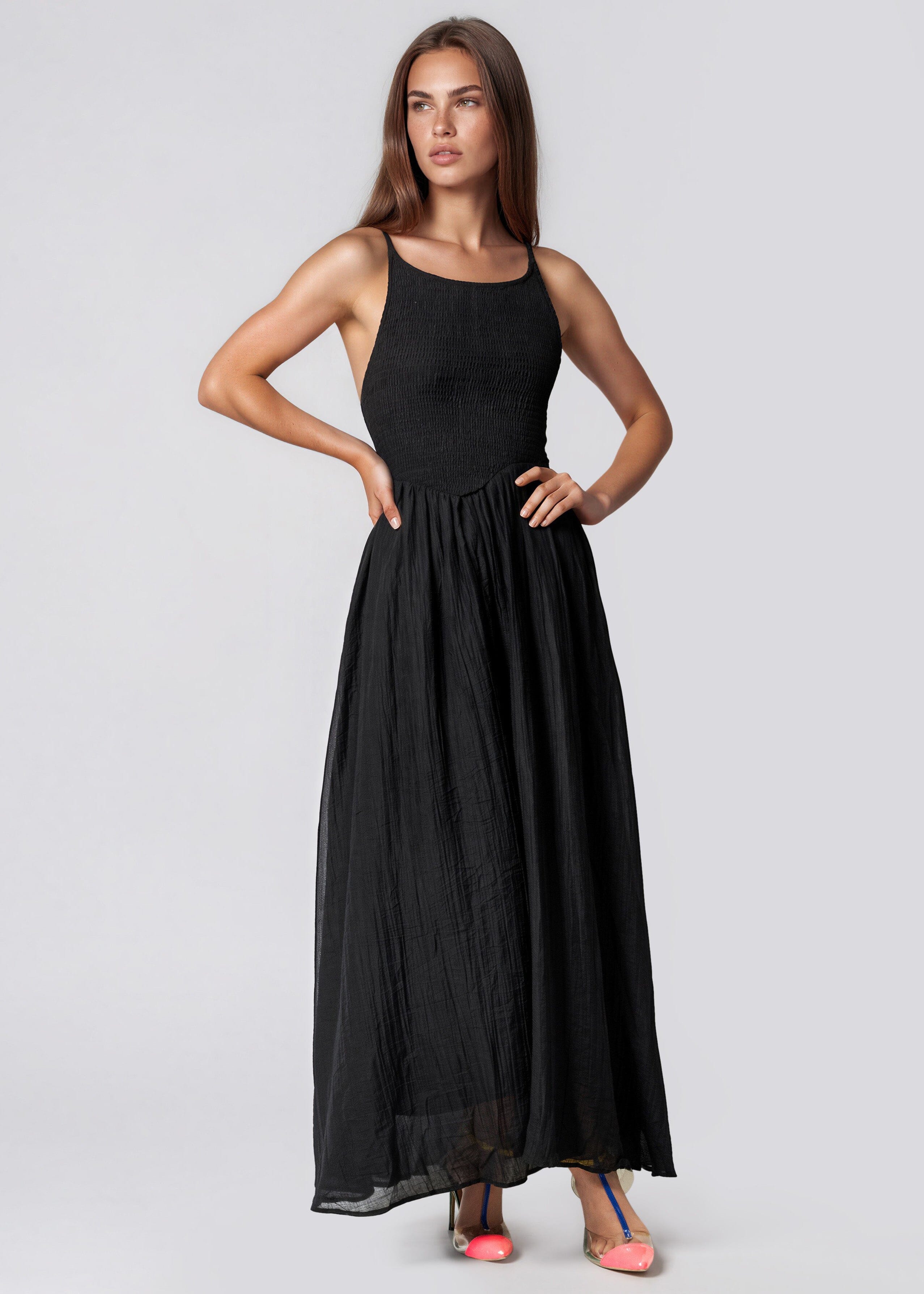 black smocked maxi dress Vacation Cove Smocked Maxi In Black