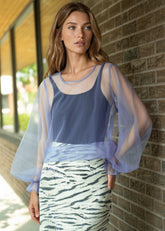 Balloon Sleeve Sheer Tulle Blouse Long Sleeve Tees Kate Hewko Purple One size 