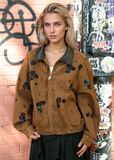 Beaded Floral Denim Barn Jacket Outerwear Kate Hewko 