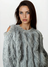 Bedazzled Cold Shoulder Faux Fur Sweater Sweaters Kate Hewko 