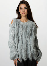 Bedazzled Cold Shoulder Faux Fur Sweater Sweaters Kate Hewko 