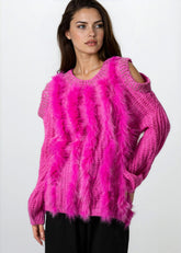 Bedazzled Cold Shoulder Faux Fur Sweater Sweaters Kate Hewko 
