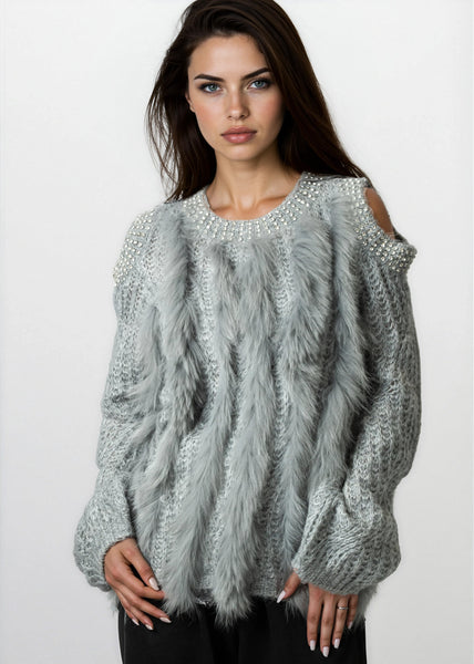 Bedazzled Cold Shoulder Faux Fur Sweater - Kate Hewko