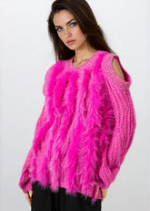 Bedazzled Cold Shoulder Faux Fur Sweater Sweaters Kate Hewko Hot Pink One size 