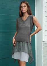 Belted Crochet Knit Sleeveless Tunic Tank Tops Kate Hewko 