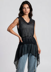 Belted Crochet Knit Sleeveless Tunic Tank Tops Kate Hewko Black One size 