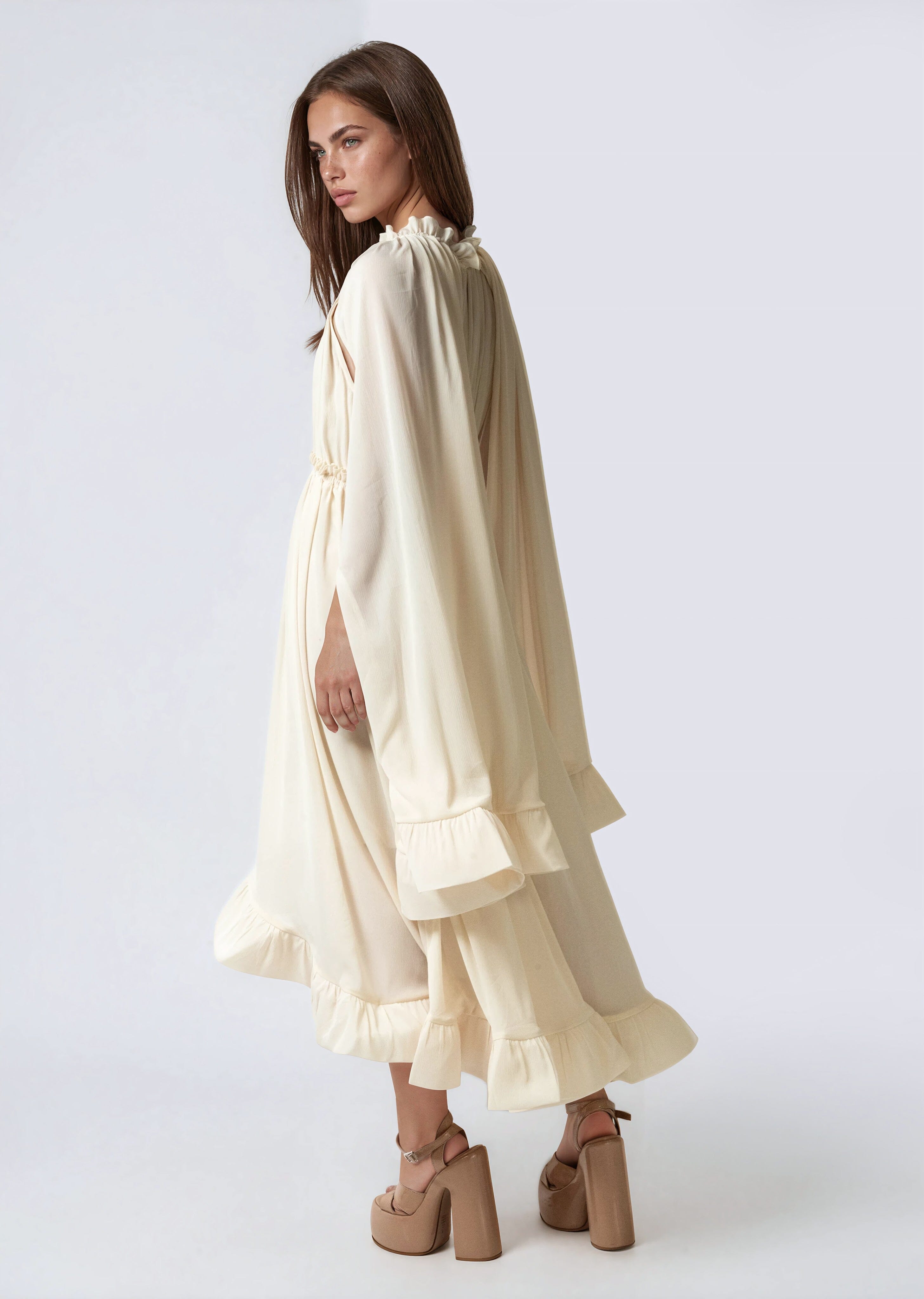high neck ruffle midi dress High Neck Puff Sleeve Ruffle Tiered Midi Dress