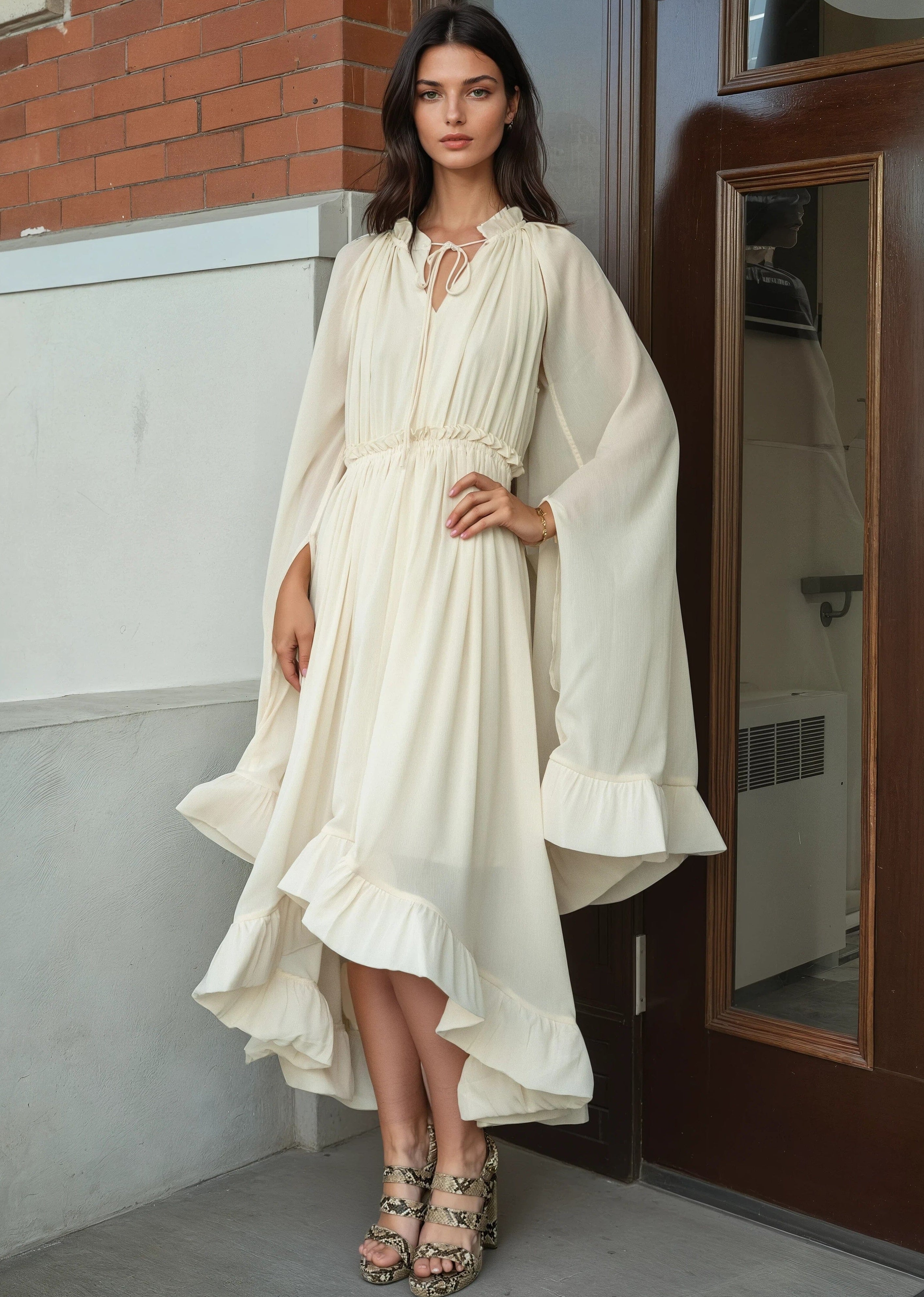 Boho Tie Neck Ruffle Midi Dress | Kate Hewko Cream / One size Boho Tie Neck Ruffle Midi Dress | Kate Hewko Cream / One size