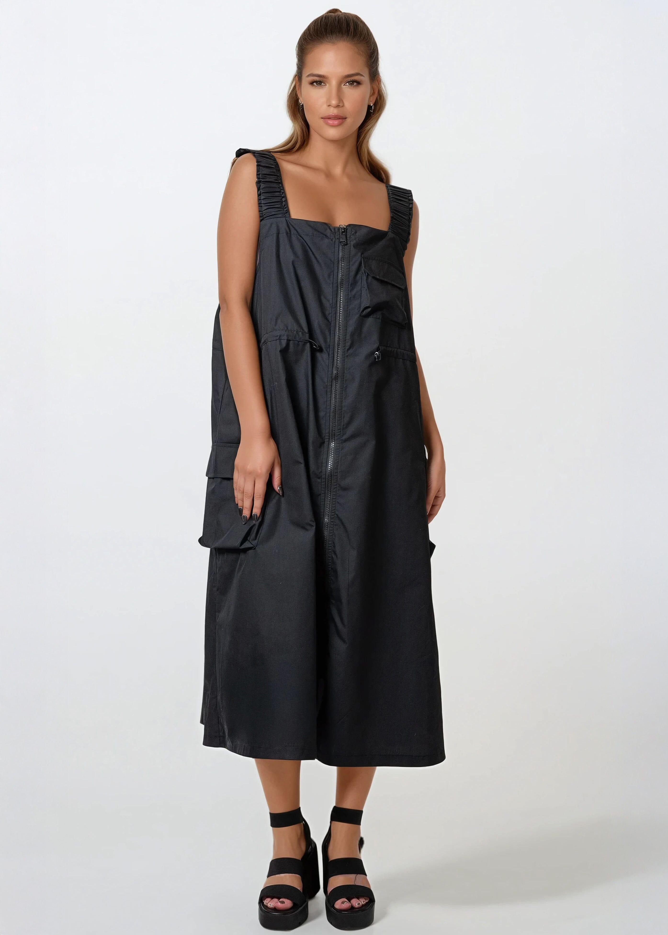 black overall dress Cargo Core Zip Overall Dress