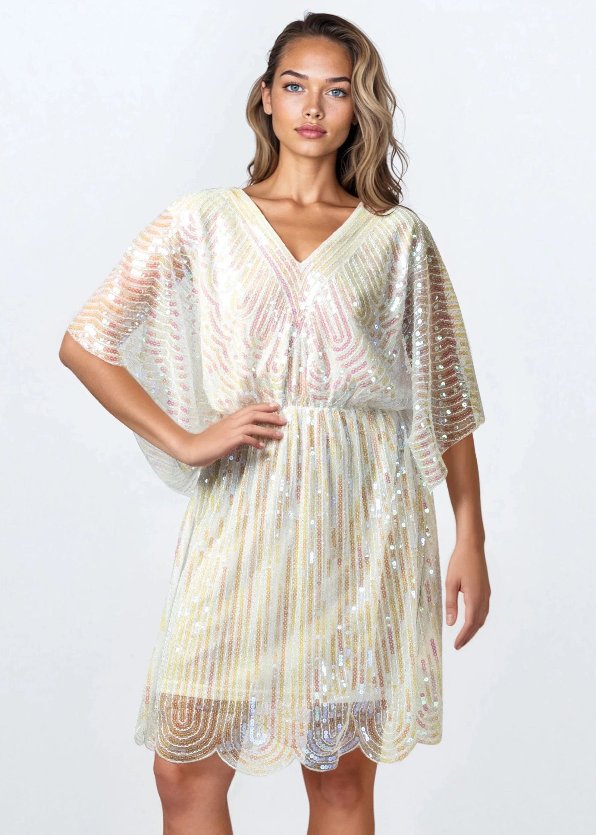Cinched Sequin Batwing Mini Dress - Kate Hewko Blue / One size Cinched Sequin Batwing Mini Dress - Kate Hewko Blue / One size
