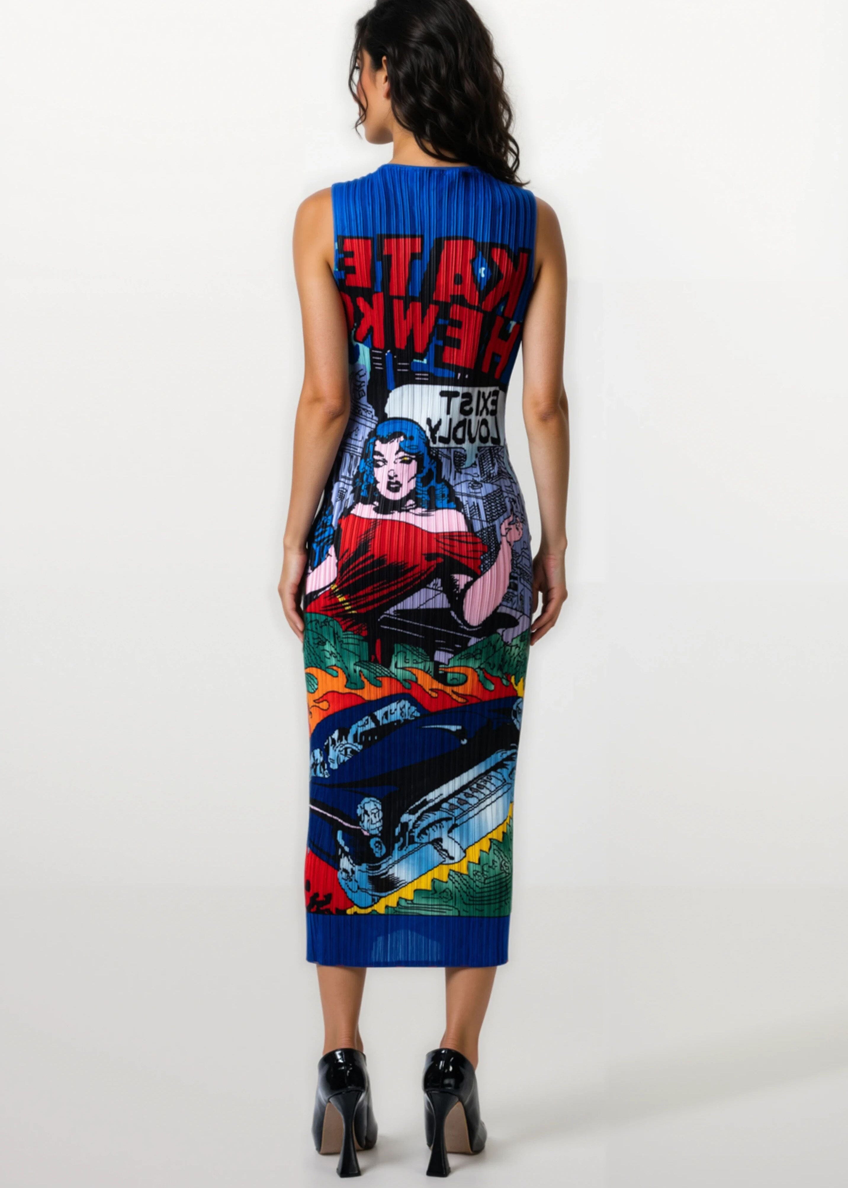 comic print bodycon dress Comic Book Skater Dress, Pop Art Bodycon Dress, Retro Comic Print Fit and Flare Dress, Colorful Graphic Party Dress Women