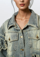 Cropped Fringe Distress Denim Jacket Outerwear Kate Hewko 