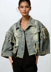 Cropped Fringe Distress Denim Jacket Outerwear Kate Hewko 