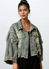 Cropped Fringe Distress Denim Jacket Outerwear Kate Hewko 